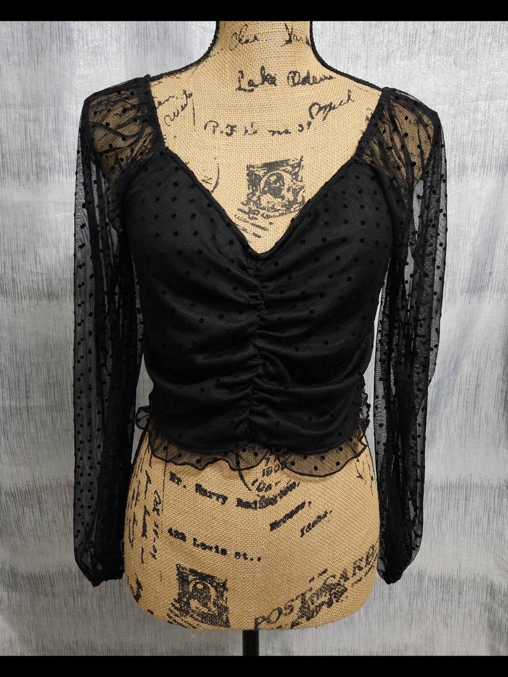 Ambiance Black Sheer Dot Ruched V-Neck Blouse
